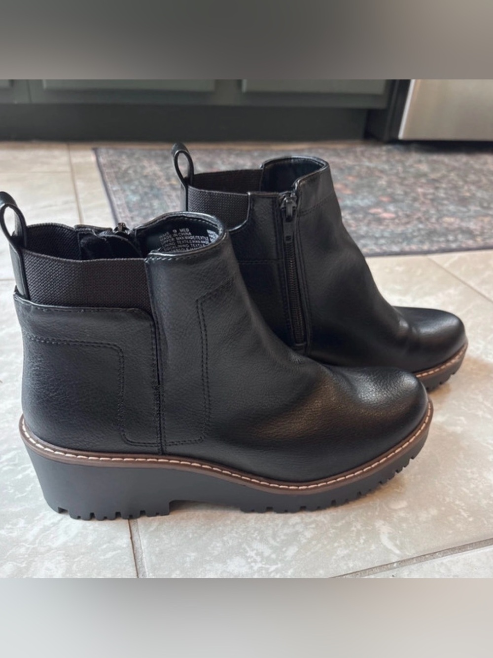 Women’s Black Chelsea Ankle Boots Chunky Wedge Lug Sole Side Zip